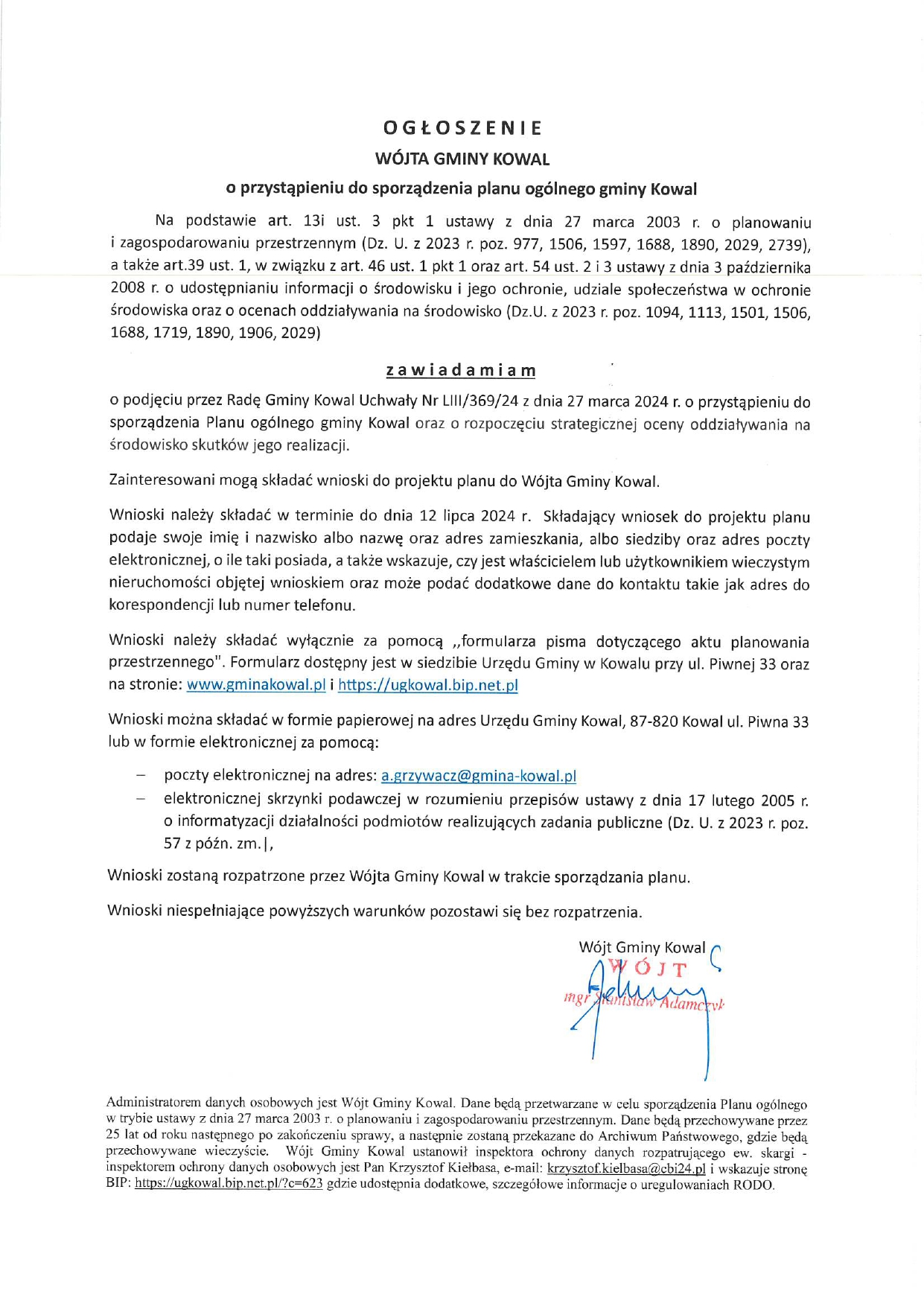 Ogłoszenie_Wójta_Gminy_Kowal_o_przystąpieniu_do_sporzadzenia_planu_ogólnego_gminy_Kowal