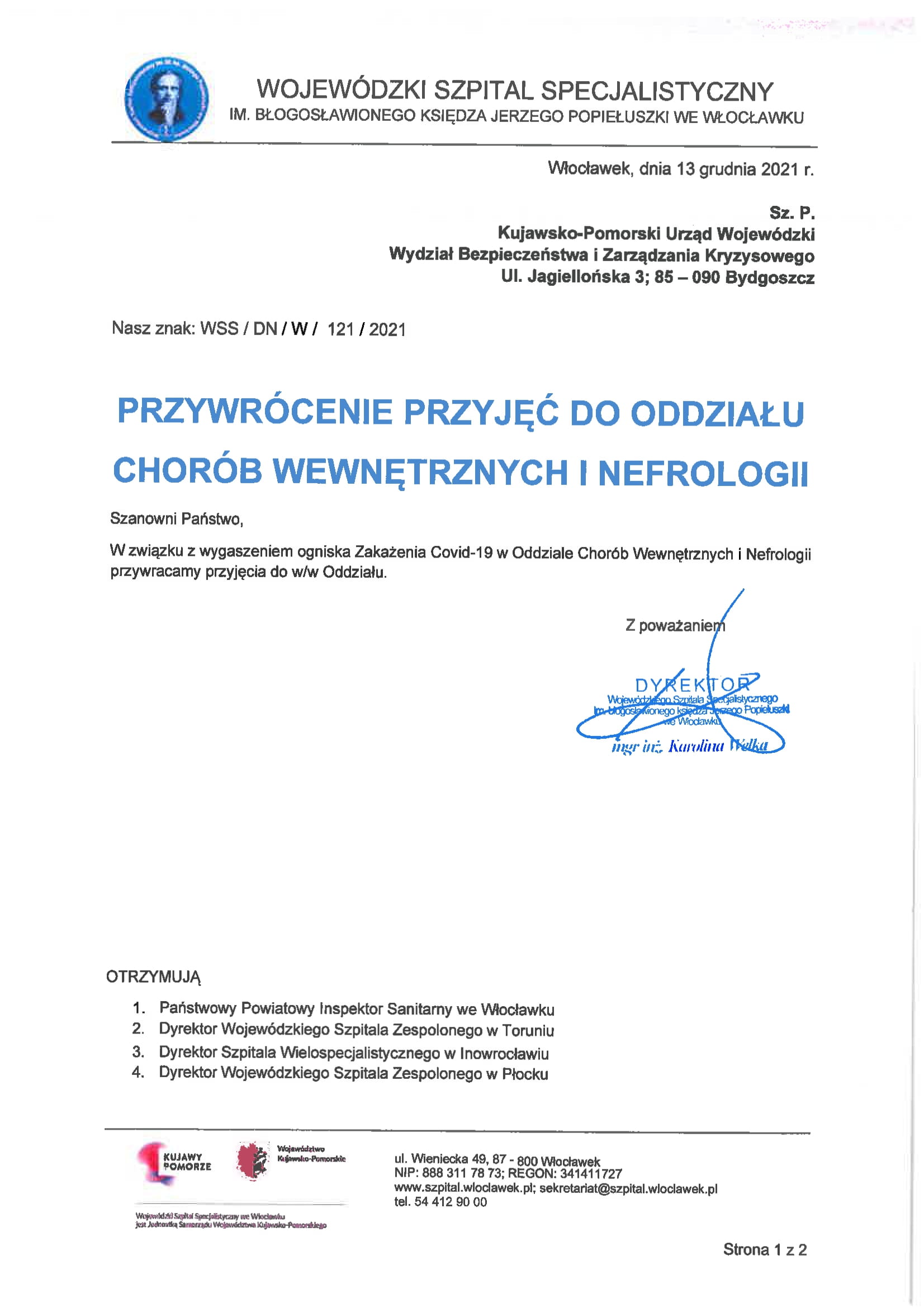 Przywrócenie Przyjęć Do Oddziału Chorób Wewnętrznych I Nefrologii Gmina Kowal 4130