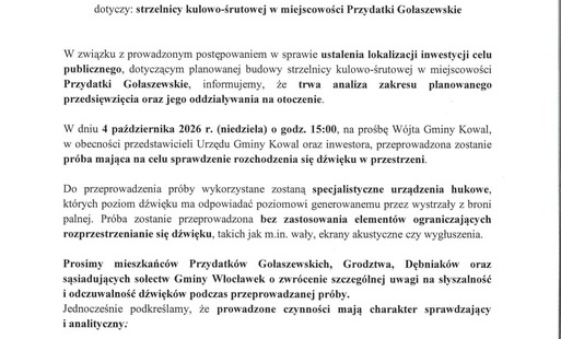 Zdjęcie do Infomacja dla mieszkańc&oacute;w Przydatk&oacute;w Gołaszewskich, Grodztwa, Dębniak&oacute;w oraz sąsiadujących sołectw Gminy Włocławek 