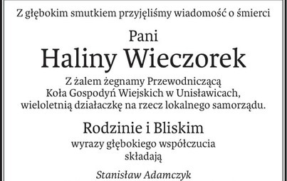 Zdjęcie do Żegnamy Panią Halinę Wieczorek - Przewodniczącą KGW w Unisławicach